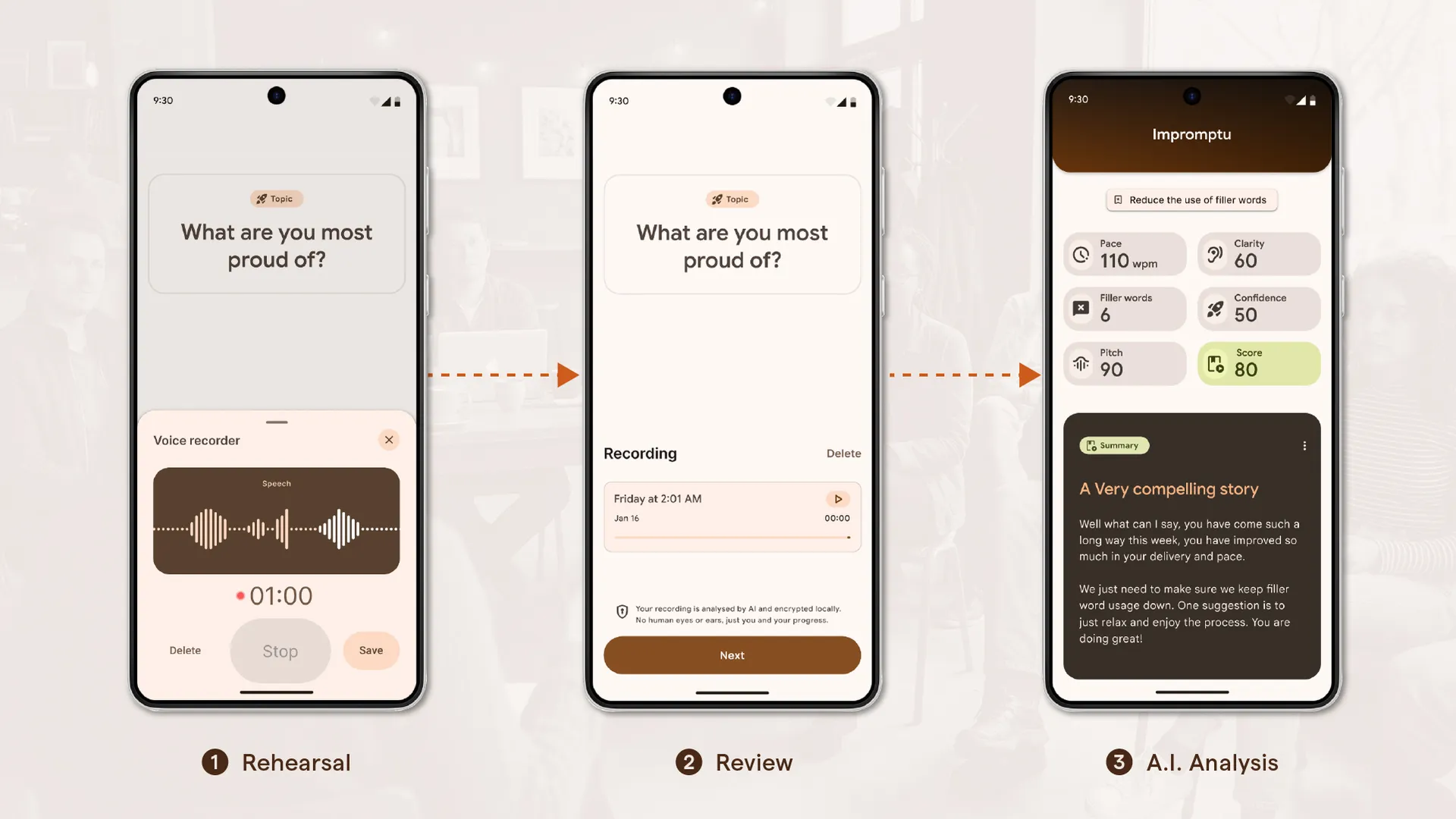 A high-fidelity UI of the recording interface featuring persistent shield icons, local encryption labels, and real-time AI feedback on speech pace and clarity.