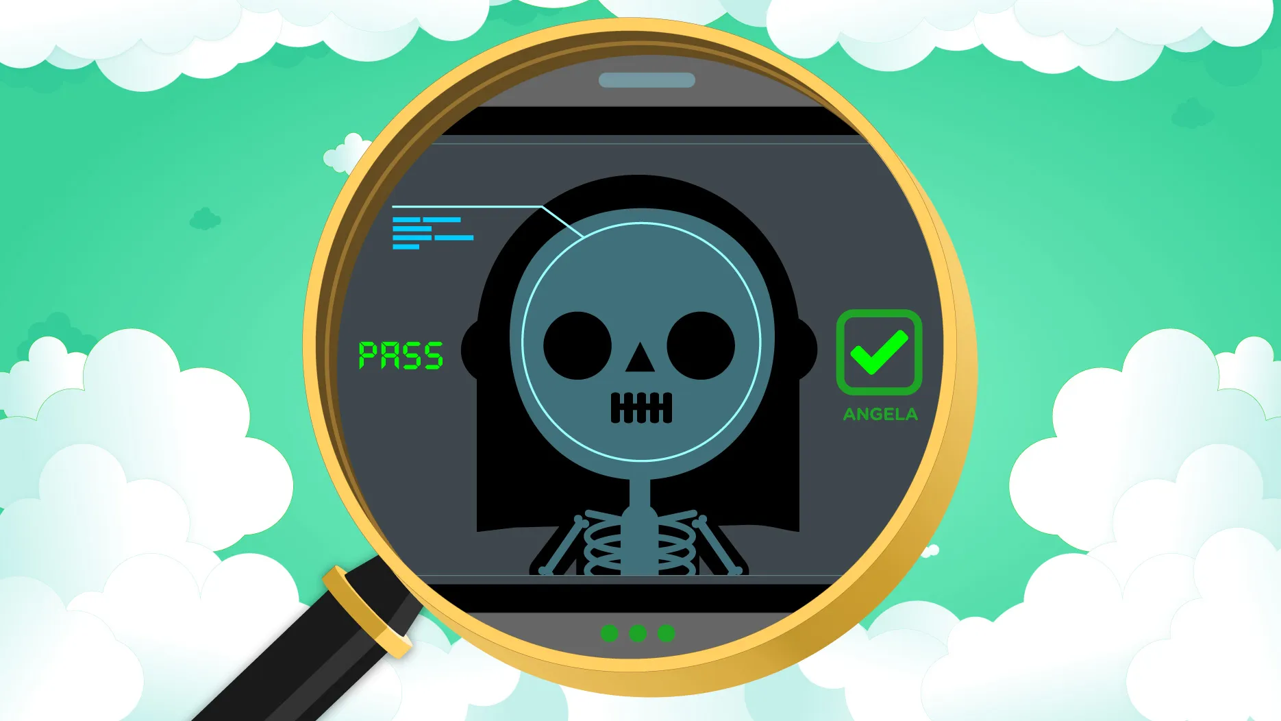 Angela under a giant magnifying glass