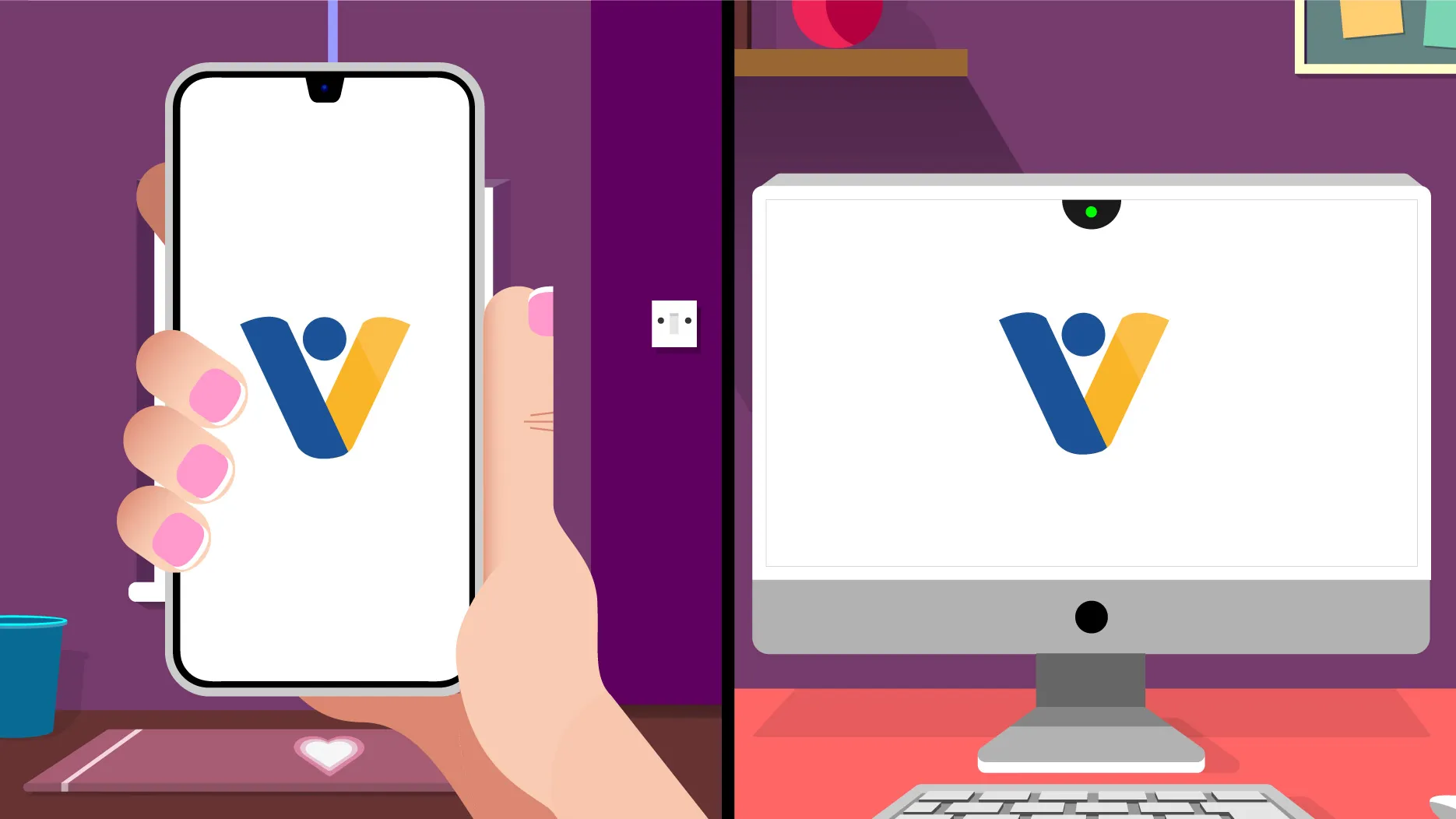 Smartpone and PC split screen from animation
